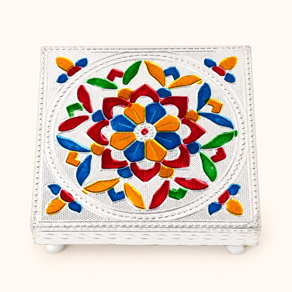 Meenakari Wooden Mini Puja Chowki — 12 cm: square chowki with a multicolour floral top