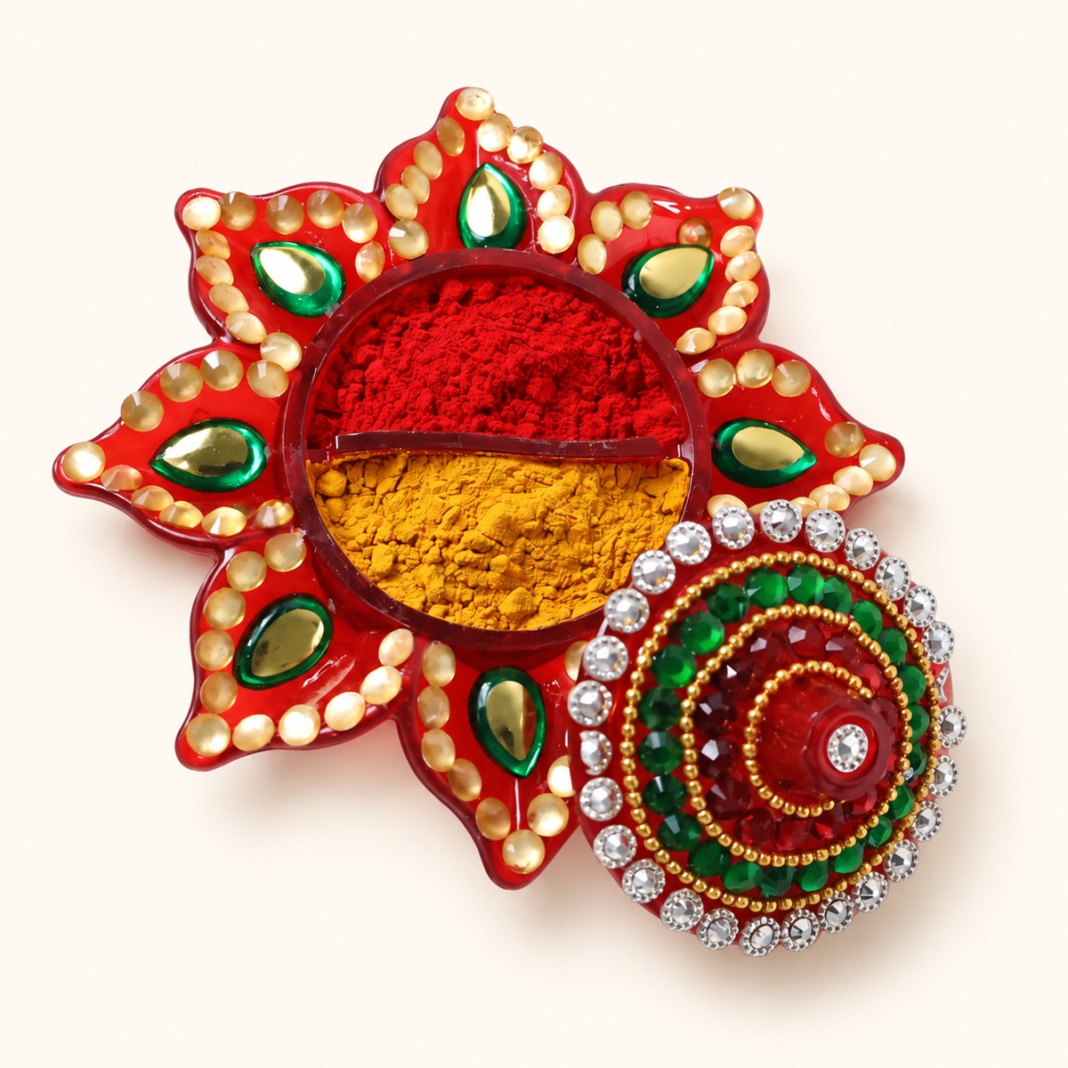 Floral Kumkum Dani with Decorative Lid: flower-shaped container with its jewelled round lid
